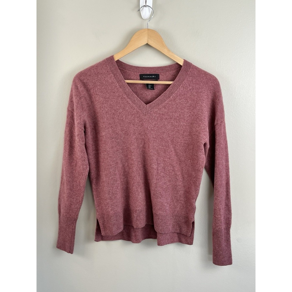 Tahari 100% Cashmere 2 Ply Pullover Sweater V-Neck Sz Lg Long‎ Sleeve Pink